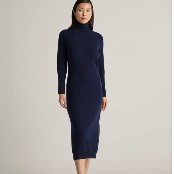 New Quince True Navy Mongolian Cashmere Turtleneck Midi Sweater Dress Medium - Picture 1 of 14
